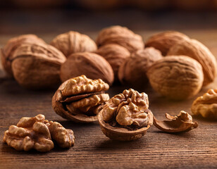 un grupo de nueces partidas sobre una mesa de madera junto a otras nueces enteras