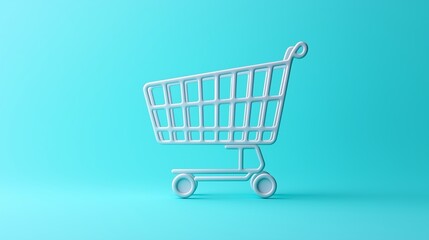 Shopping cart icon, representing e-commerce, isolated on a muted pastel blue background.