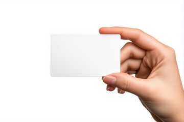 Obraz premium Confident businesswoman holding blank white card, ideal for business concepts. Modern, elegant design with copy space