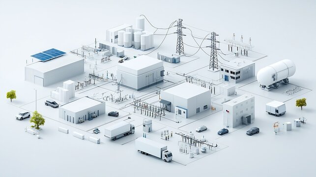 of a modern centralized smart power grid system efficiently linking renewable energy sources like solar and wind with residential commercial
