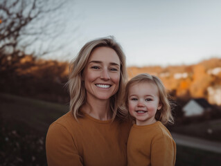 Smiling Mother and Daughter Outdoors in Golden Hour Light
