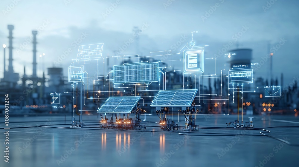 Aufkleber Conceptual image showcasing a centralized smart grid system that integrates renewable power plants solar wind