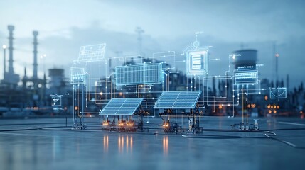 Conceptual image showcasing a centralized smart grid system that integrates renewable power plants solar wind