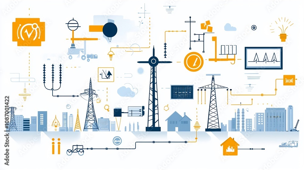 Fototapete of a modern centralized power grid system that manages and distributes renewable and non renewable e
