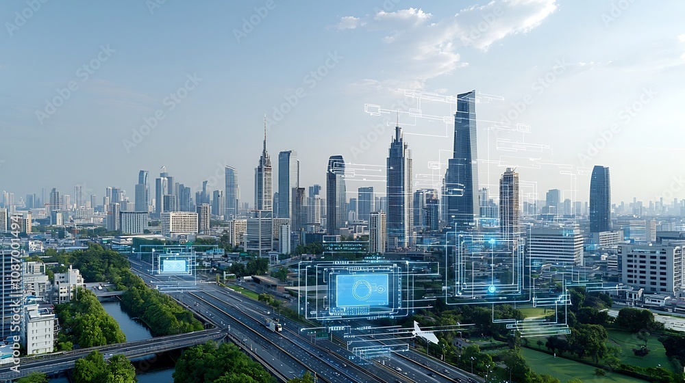 Aufkleber Aerial view of a futuristic high tech city skyline with advanced smart grid storage solutions and a digital network overlay showcasing the flow of data and information