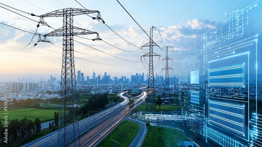Poster Futuristic cityscape with seamless smart grid power network and energy storage built into the architecture showcasing innovative digital network details in the foreground