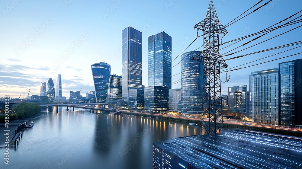 Poster Futuristic cityscape showcasing a seamless smart grid power network with energy storage integrated into the architecture and digital network details in the foreground