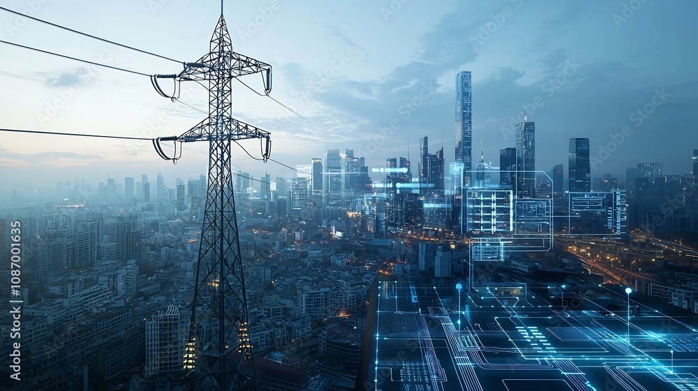 Aufkleber Futuristic cityscape featuring a seamless smart grid power network with energy storage built into the modern intelligent architecture