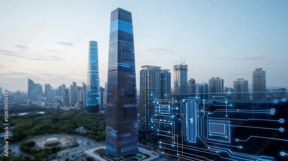 Aufkleber Futuristic urban skyline with smart grid technology and energy storage solutions embedded into modern digital skyscrapers showcasing a vision of sustainable