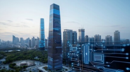 Futuristic urban skyline with smart grid technology and energy storage solutions embedded into modern digital skyscrapers showcasing a vision of sustainable