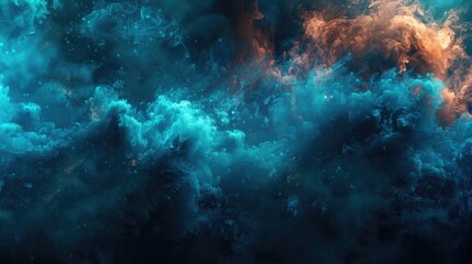 Fototapeta premium Abstract cosmic background with blue and orange clouds and glowing particles.