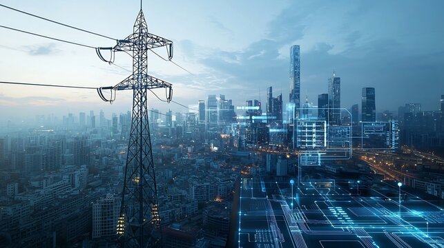 Futuristic cityscape featuring a seamless smart grid power network with energy storage built into the modern intelligent architecture
