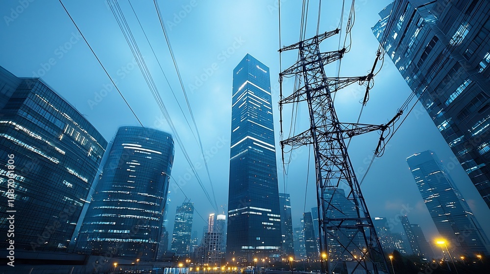 Aufkleber futuristic cityscape with tall buildings illuminated by a smart grid power technology integrated wit