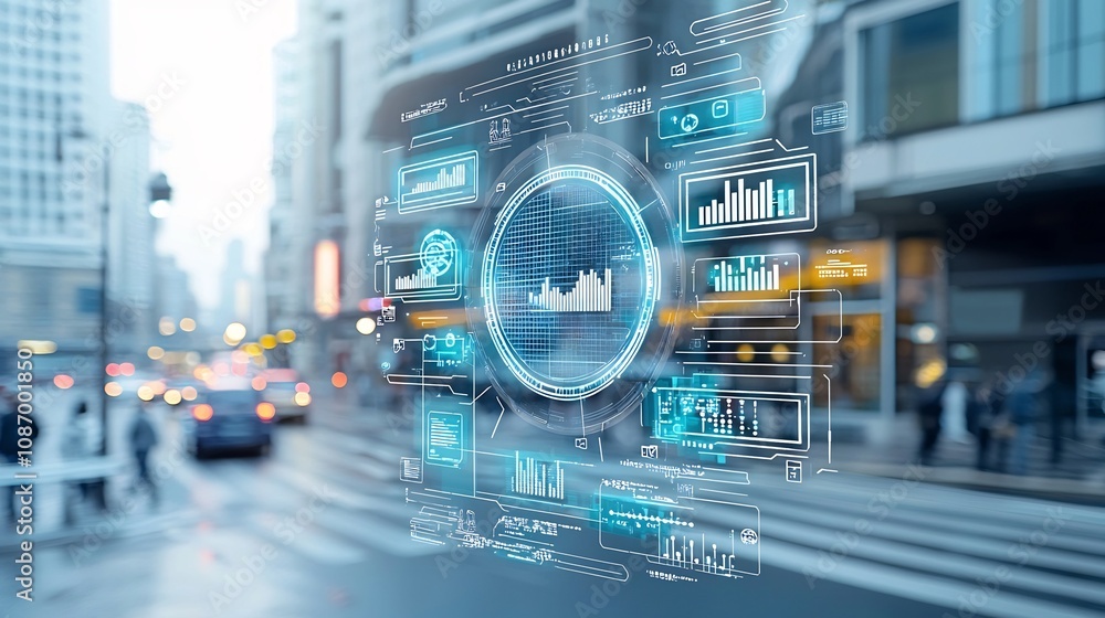 Poster Futuristic metropolis with innovative smart grid powered buildings advanced energy storage systems