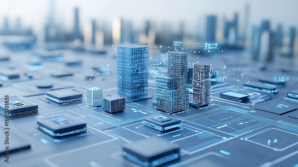 Aufkleber rendering of a futuristic smart city featuring advanced architecture with integrated renewable energy storage systems and a digitally connected urban landscape