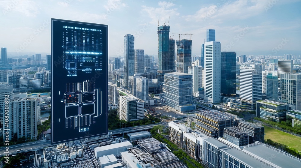 Leinwandbilder Futuristic smart city skyline with advanced architecture integrated renewable energy grid and digital circuit technology solutions for sustainable and efficient urban infrastructure of the future