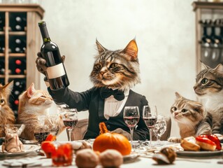 A whimsical dinner party with cats dressed elegantly enjoying fine wine and food.