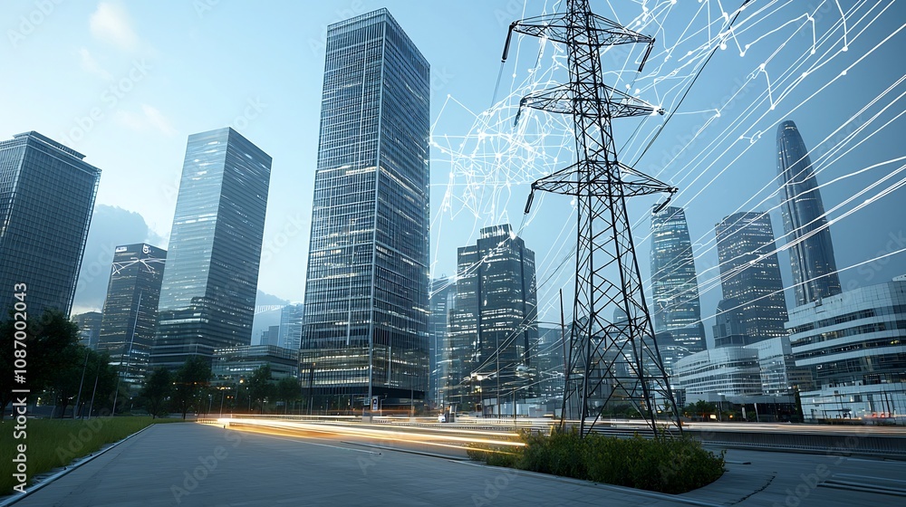Poster Futuristic urban landscape featuring energy efficient skyscrapers smart grid power network and digital data overlay highlighting advanced connectivity and technological within a modern