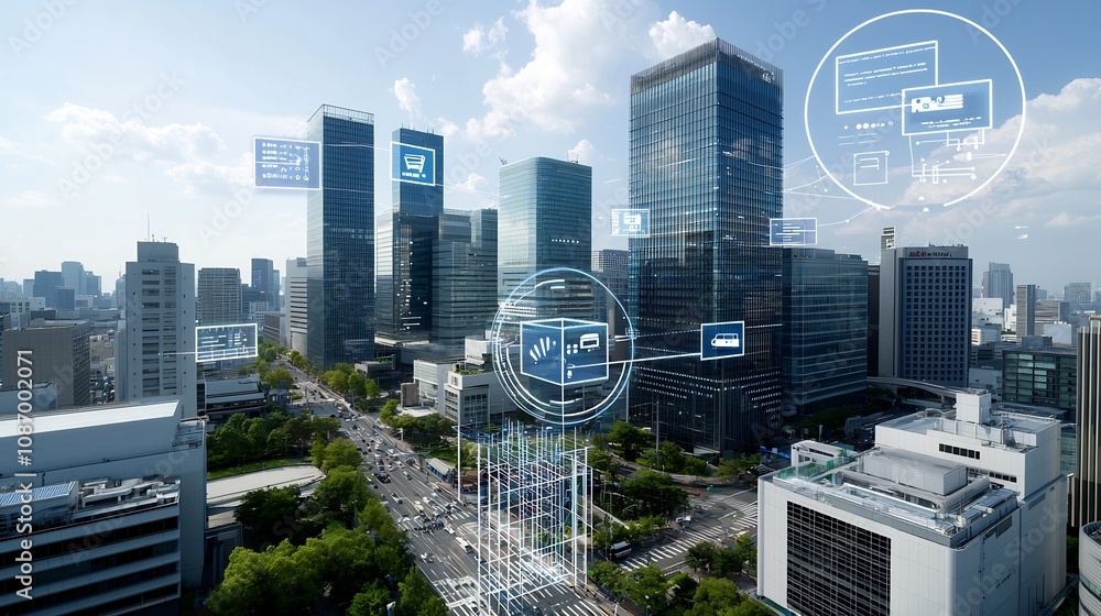 Poster Futuristic urban scene showcasing energy efficient skyscrapers smart power grid network and digital data overlay highlighting the connectivity and technological advancements in a modern