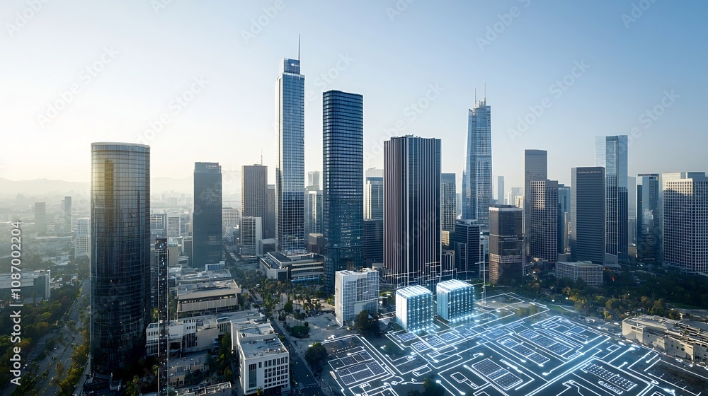 Poster Futuristic cityscape showcasing advanced energy storage and smart grid technology that seamlessly integrates digital circuits and data points