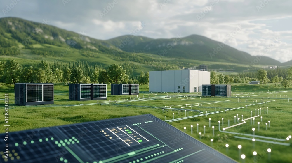 Poster futuristic urban landscape showcasing innovative architecture integrated with energy storage solutio