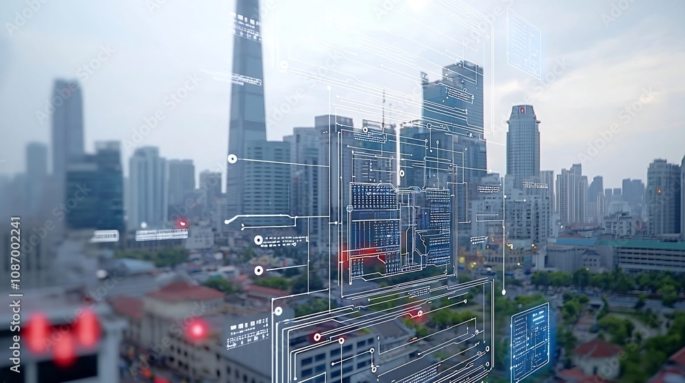 Poster Futuristic cityscape with energy storage infrastructure integrated into modern architecture connected by smart grid technology digital circuits and data points