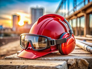 Red Safety Helmet with Earphones and Goggles: Essential Gear for Construction Workers and Safety Personnel in Urban Environments, Showcasing Vital Protective Equipment for Workplace Safety