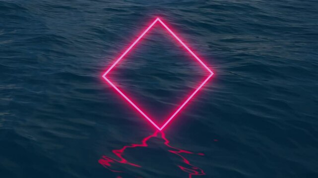 Abstract seamless loop animation of glowing pink neon rhomb frame over dark blue ocean