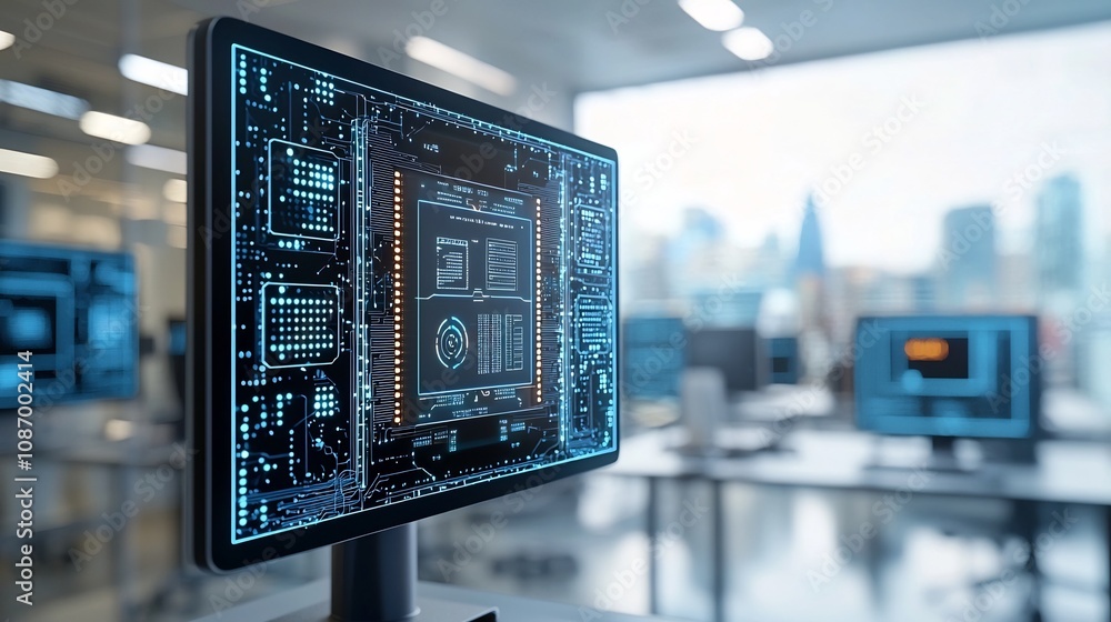 Fototapete Futuristic digital skyline of a city powered by a smart grid infrastructure seamlessly integrating advanced technology data circuits and clean energy solutions to create a sustainable
