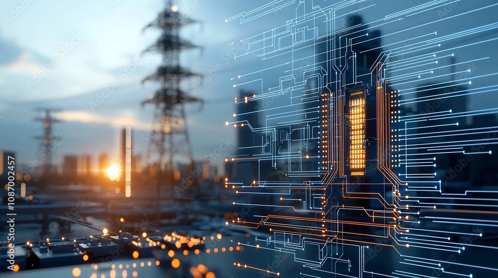 Aufkleber Stunning visualization of an ultra modern futuristic city powered by a smart grid and advanced storage solutions network  The digital landscape showcases a connected efficient