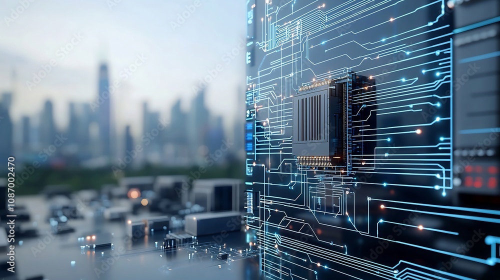 Aufkleber Futuristic cityscape with an ultra modern skyline powered by a smart grid and advanced storage solutions network visualization in the digital foreground with circuit lines and a high tech