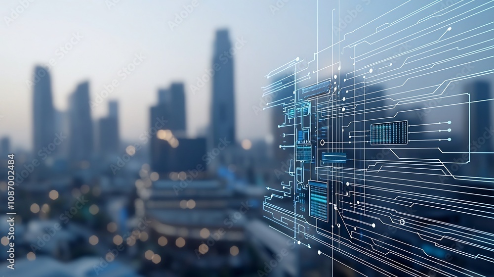 Aufkleber Ultra modern digital city powered by a smart grid and advanced storage solutions network visualization with circuit lines and futuristic architectural skyline in the background