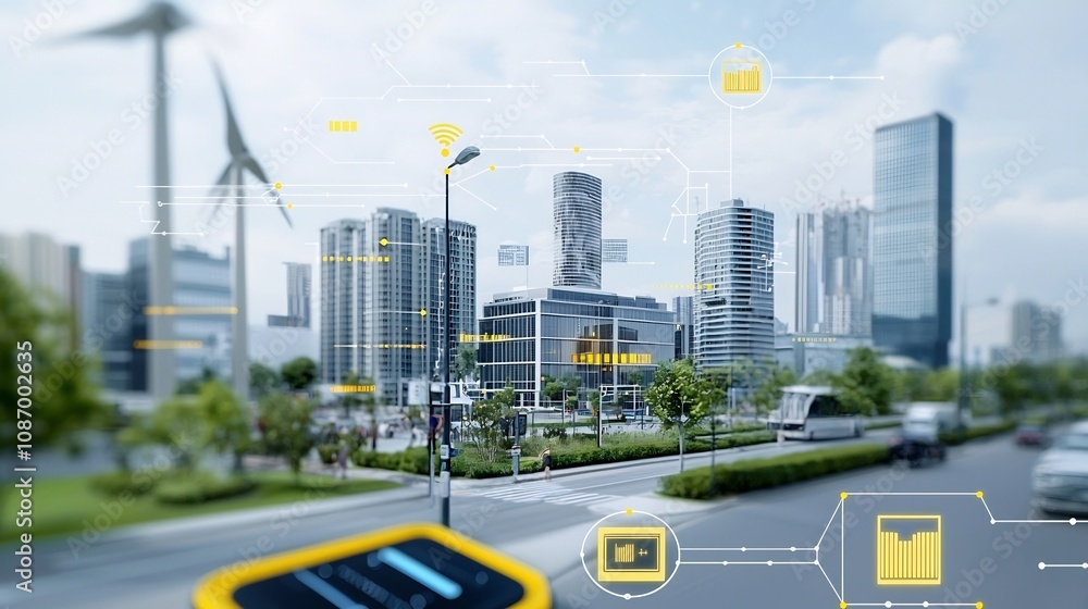 Poster Aerial view of an energy efficient futuristic city with smart grid technology storage systems in buildings and widespread data connectivity for a sustainable future