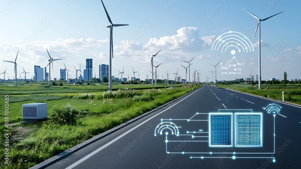 Aufkleber innovative futuristic cityscape with energy efficient smart grid technology data connectivity system