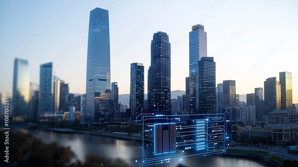 Aufkleber Futuristic high tech urban skyline with smart energy storage and digital grid connectivity  Modern urban architecture with data points circuits and automation systems powering the city of the future