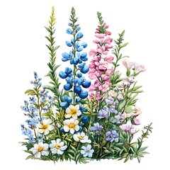 Fototapeta premium Vibrant Watercolor Wildflower Bouquet A Delicate Arrangement of Blue, Pink, and White Blooms.
