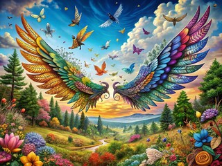Obraz premium Panoramic Photography of a Beautiful Wing Doodle Landscape with Vibrant Colors and Intricate Patterns, Capturing the Essence of Creativity and Nature in Harmony