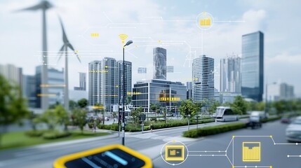 Aerial view of an energy efficient futuristic city with smart grid technology storage systems in buildings and widespread data connectivity for a sustainable future