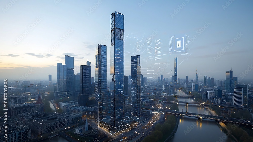 Poster futuristic smart skyline with innovative energy storage and data visualization advanced urban landsc