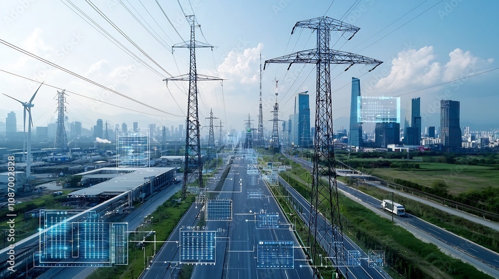 Poster futuristic skyline with high tech infrastructure smart grid and energy storage technology built into