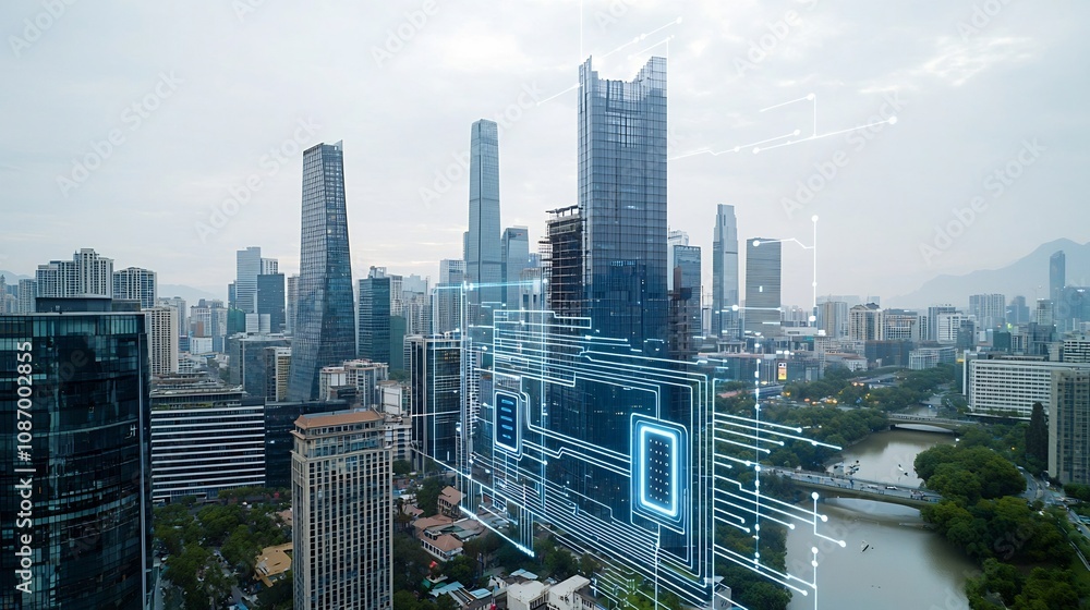 Poster futuristic urban skyline with a smart grid power system and digital circuitry in the foreground show