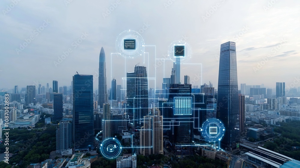 Leinwandbilder Futuristic urban skyline with smart grid power and data circuits in the foreground showcasing the of technology and energy storage for a sustainable high tech future cityscape
