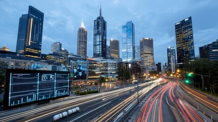 Futuristic cityscape with advanced smart grid technology integrated energy storage infrastructure and real time data visualization displayed across the modern high rise buildings and urban landscape