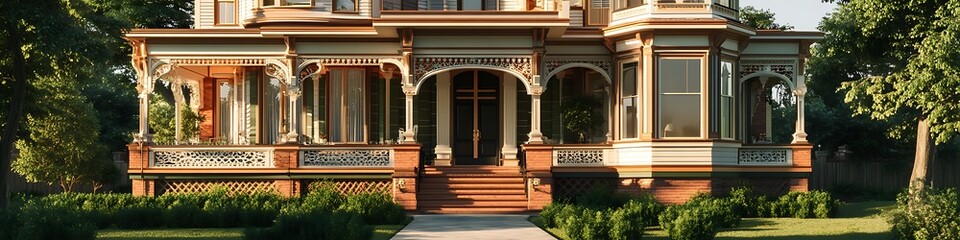 Victorian-style house front elevation mockup with intricate details for text and commercial use
