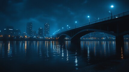 A bridge over a river at night with a city skyline in the background.