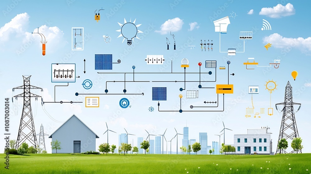 Aufkleber depicting a modern interconnected power grid system with a centralized management hub that seamlessly integrates and distributes renewable energy sources such as solar wind