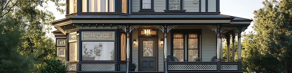 Victorian-style house front elevation mockup with intricate details for text and commercial use