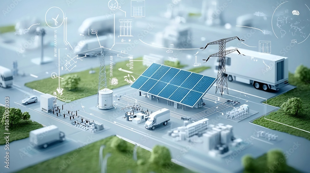 Poster visualisation of a modern centralized power grid system that integrates solar wind and hydroelectric
