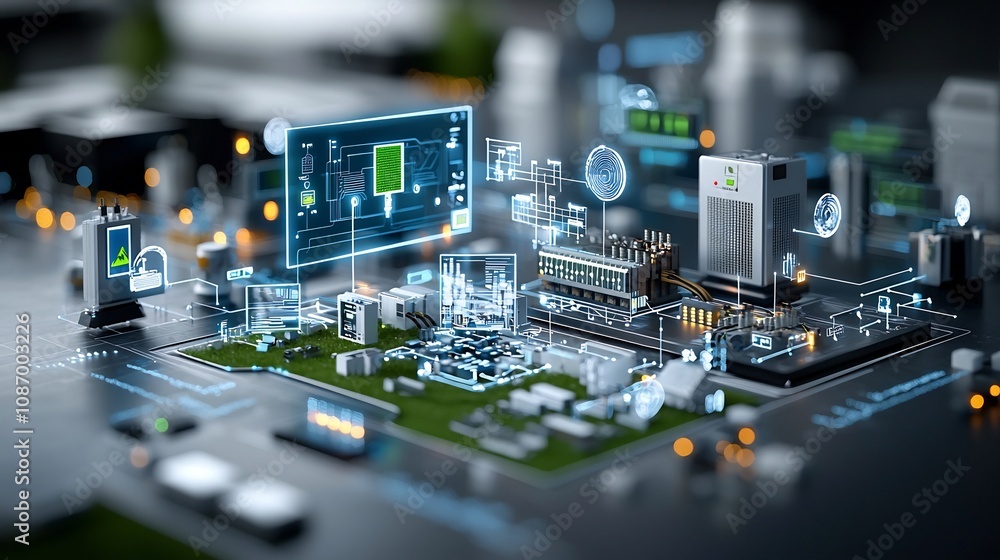 Poster Centralized power grid management system seamlessly integrating renewable energy sources like solar wind and hydro power into a modern digital network serving diverse consumer types   households
