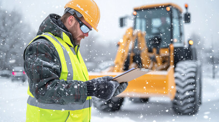 A site supervisor in a green high visibility jacket reviews details on a clipboard amid snowfall, with construction equipment visible in a snowy landscape.